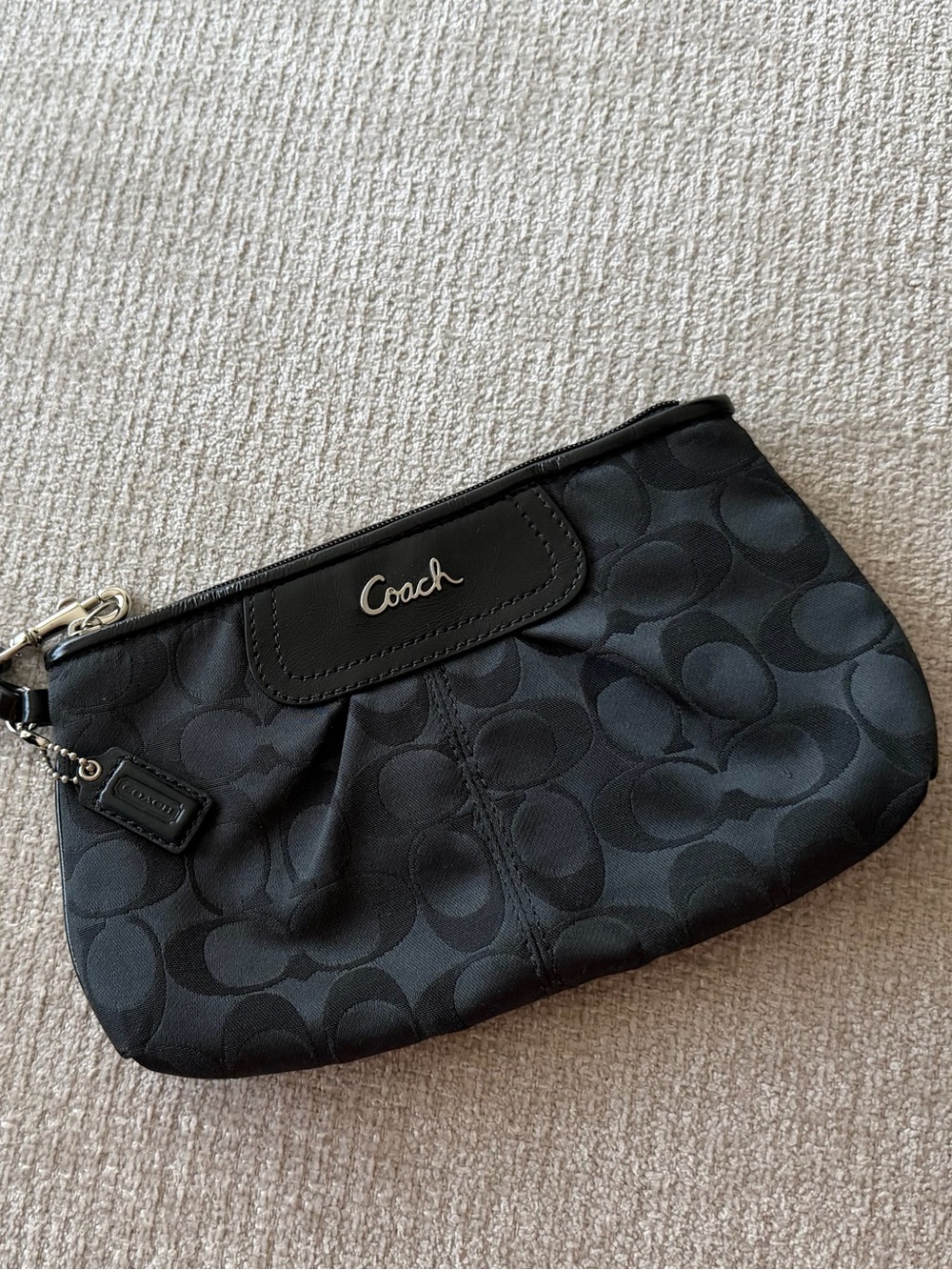 Coach Black Signature Pattern Wristlet Clutch with silver hardware
